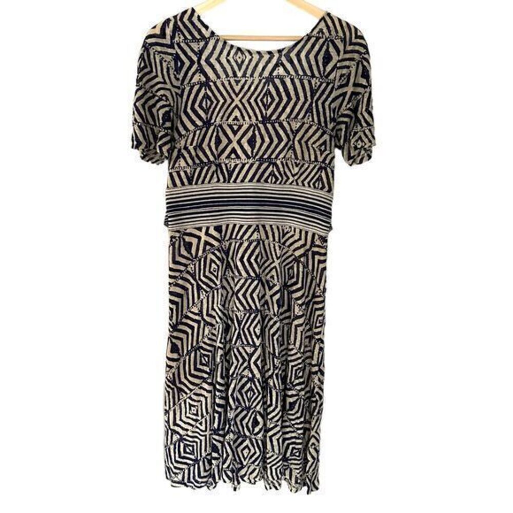 Plenty by Tracy Reece Navy‎ Blue Cream Linen Short Sleeve Belt Midi Dress Size L